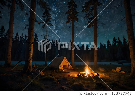 Evening camping near fire 123757745