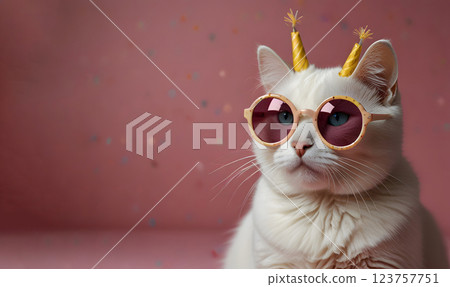 Funny white cat celebrating with happy birthday sunglasses on a pink background Funny white cat celebrating with happy birthday sunglasses on a pink background 123757751