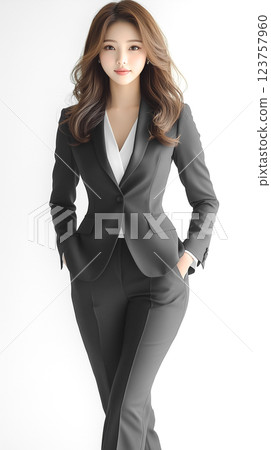 A young woman in a suit. A businesswoman standing against a white background 123757960