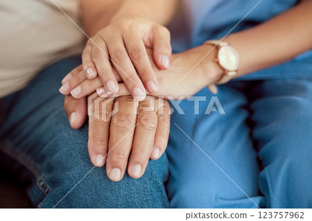Support, trust and hands, a couple in therapy or marriage counseling session. Love, care and understanding between man and woman together. Hope, empathy and help in a time of need for mental health. 123757962