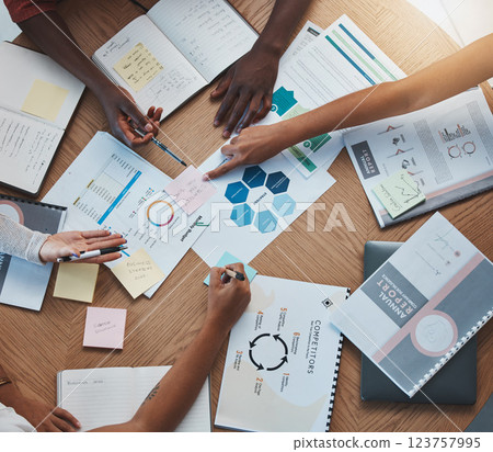 Strategy, planning and business people hands in collaboration meeting for marketing analytics, finance budget report and erp chart paperwork. Financial team with sticky note and documents kpi review Strategy, planning and business people hands in collaboration meeting for marketing analytics, finance budget report and erp chart paperwork. Financial team with sticky note and documents kpi review 123757995