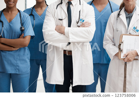 Medical teamwork, doctors and professional healthcare service in hospital, clinic and surgery. Closeup group of wellness staff, management and medicine help for trust, support and expert commitment 123758006