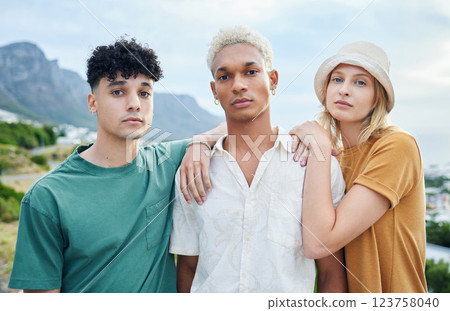 Fashion, friends and summer with a man and woman friend group standing outdoor in nature for diversity, inclusion or acceptance. Portrait, lifestyle and real with young people posing together outside 123758040