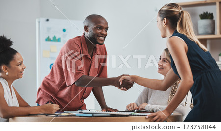 Partnership, handshake and people in business meeting in multicultural office. Diversity, teamwork and happy team shaking hands with new worker. Businessman and businesswoman partners making a deal 123758044