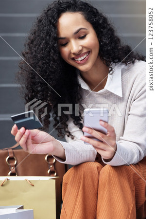 Online shopping, payment and customer with phone and credit card for fintech online payment of sale product. E commerce banking, digital retail and black woman happy with gift card financial purchase 123758052