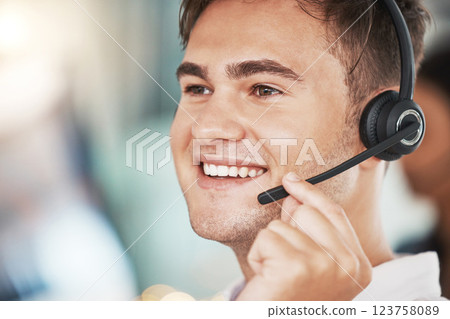 Call center, happy sales man and customer service worker consulting, microphone telemarketing and working in office. Face of smile contact support consultant, crm communication and agency help desk Call center, happy sales man and customer service worker consulting, microphone telemarketing and working in office. Face of smile contact support consultant, crm communication and agency help desk 123758089