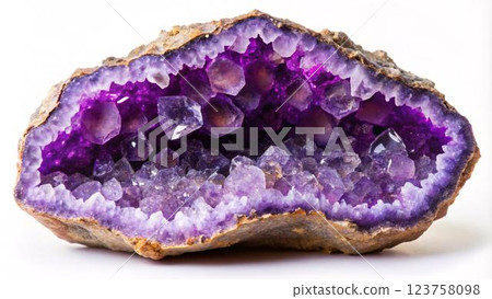 A half of geode, a hollow rock lined with sparkling purple crystals. 123758098