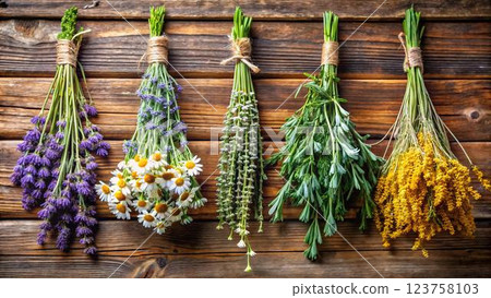 Six different types of flowers tied with twine, hanging upside down against a rustic wooden background. 123758103