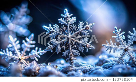 A close-up shot of a silver snowflake ornament resting on a bed of white snow.  The snowflake is in focus, with the background blurred.  The image evokes a sense of winter magic and wonder, but also 123758104