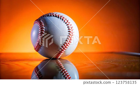 A white baseball with red stitching sits on a reflective orange surface. 123758135