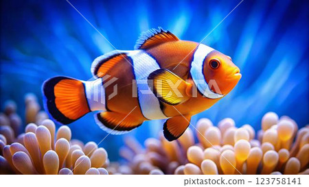 A vibrantly colored clownfish with bright orange and white stripes swims amongst the white and orange tentacles of an anemone. A vibrantly colored clownfish with bright orange and white stripes swims amongst the white and orange tentacles of an anemone. 123758141