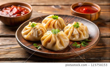 Four  steamed dumplings, called khinkali, are arranged on a wooden plate with fresh parsley,  accompanied by dipping sauces on a rustic wooden 123758153