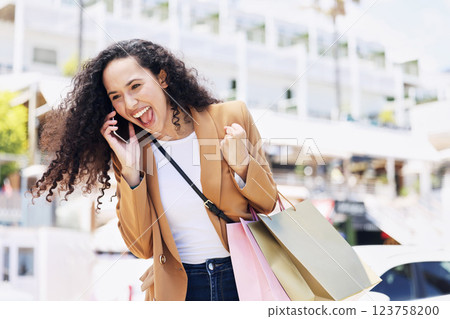 Happy woman call in city, excited shopping customer talking wow and New York goals celebration. Black friday sale in retail store, girl winner scream yes on smartphone and ecommerce discount success 123758200