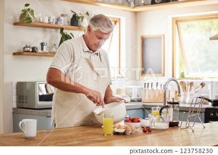 Senior man, cooking and baking in kitchen for wellness food, health breakfast and dessert cake. Retirement elderly, chef or baker in house or home with fruit, milk or eggs in recipe or bakery product Senior man, cooking and baking in kitchen for wellness food, health breakfast and dessert cake. Retirement elderly, chef or baker in house or home with fruit, milk or eggs in recipe or bakery product 123758230