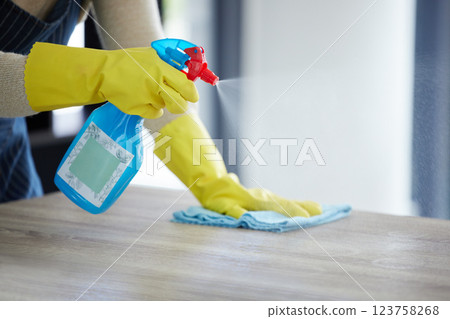Hands, spray bottle or cleaning cloth on house, home or office wood desk or table in germs, virus or bacteria maintenance. Zoom, woman or housekeeping cleaner service with product container or gloves 123758268