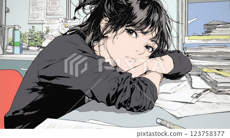 Tired woman leaning against desk and sighing surrounded by scattered papers Tired woman leaning against desk and sighing surrounded by scattered papers 123758377