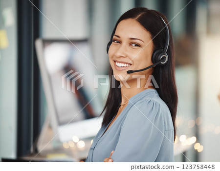 Call center, customer service woman consultant portrait for telemarketing, crm advice or ecommerce support. Fintech, software information technology agent for online helping, communication or talking 123758448