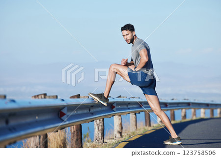 Health, man athlete and stretching outdoor for wellness, fitness and dedicated workout. Healthy male, relax trainer in sportswear or being focus, doing warm up or strong cardio for training exercise. Health, man athlete and stretching outdoor for wellness, fitness and dedicated workout. Healthy male, relax trainer in sportswear or being focus, doing warm up or strong cardio for training exercise. 123758506