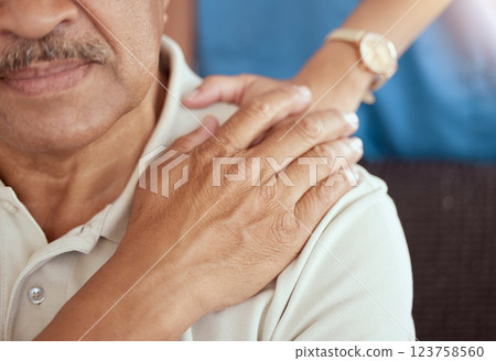 Senior man, caregiver and hands on shoulder for support, trust and empathy at retirement or nursing home. Girl nurse help sad, unhappy and retired elderly Mexico grandpa on sofa with pain from loss Senior man, caregiver and hands on shoulder for support, trust and empathy at retirement or nursing home. Girl nurse help sad, unhappy and retired elderly Mexico grandpa on sofa with pain from loss 123758560