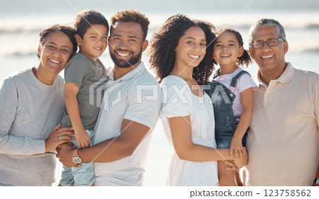 Happy, big family and portrait smile on a beach holiday together in happiness for outdoors. Black people smiling for ocean trip or travel in South Africa fun, relax and bond time on summer vacation Happy, big family and portrait smile on a beach holiday together in happiness for outdoors. Black people smiling for ocean trip or travel in South Africa fun, relax and bond time on summer vacation 123758562