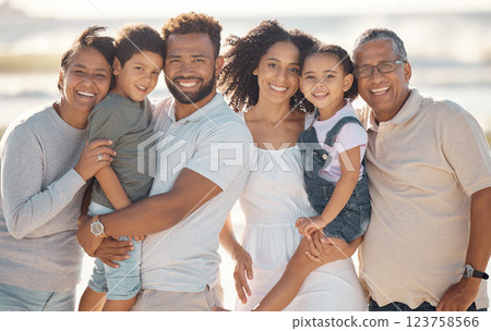 Happy, black family and portrait smile for beach moments together in happiness for the outdoors. African people smiling on holiday trip or travel in South Africa to relax and bond for summer vacation 123758566