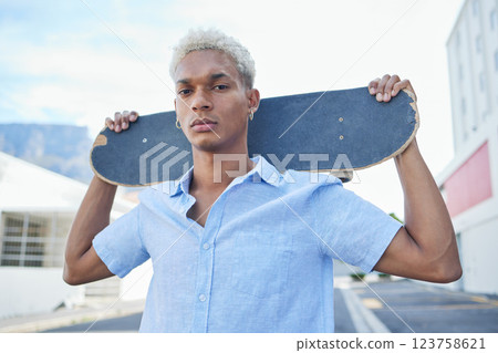 Black man, serious with a skateboard and city, urban background and trendy, hipster fashion in portrait. Young African American hobbies, skater and gen z youth outdoors at skatepark during summer. Black man, serious with a skateboard and city, urban background and trendy, hipster fashion in portrait. Young African American hobbies, skater and gen z youth outdoors at skatepark during summer. 123758621