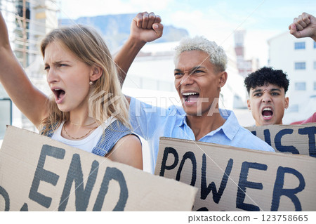 Human rights protest, men and woman rally together against power oppression with fist and poster, international fight against war, racism and violence or social LGBTQ equality politics 123758665