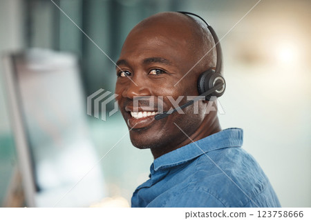 Telemarketing customer service, happy black man and communication in digital transformation success. Portrait of consultant smile in call center, online help desk and business call in support iot 123758666