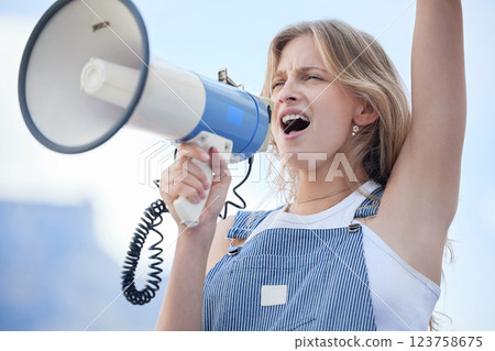 Woman protest leader, megaphone in hand and speech support for human rights, freedom and ending racism. Angry female, leadership and communication for gender equality, lgbtq issues and global justice Woman protest leader, megaphone in hand and speech support for human rights, freedom and ending racism. Angry female, leadership and communication for gender equality, lgbtq issues and global justice 123758675