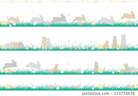 Easter eggs and rabbits on a meadow, line material, transparent background Easter eggs and rabbits on a meadow, line material, transparent background 123758676
