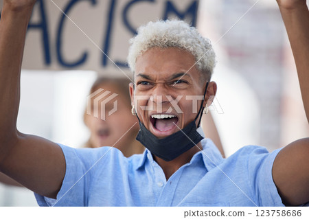 Justice protest during covid, racism and black man angry, crisis rally and fight for global equality, human rights or BLM. Students banner, poster and gen z crowd of people support Black Lives Matter 123758686