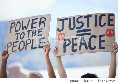 Protest, crowd and activism for peace, climate change and justice in street with poster in hands. People, placard and writing on sign for solidarity, unity and diversity of race, religion and gender Protest, crowd and activism for peace, climate change and justice in street with poster in hands. People, placard and writing on sign for solidarity, unity and diversity of race, religion and gender 123758696