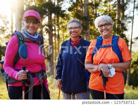 Senior women, portrait smile and hiking or trekking together on an adventure or journey in nature. Group of happy elderly woman hikers smiling in fitness, health and workout exercise in the outdoors Senior women, portrait smile and hiking or trekking together on an adventure or journey in nature. Group of happy elderly woman hikers smiling in fitness, health and workout exercise in the outdoors 123758711