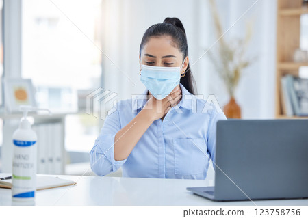 Covid, sick and face mask woman at work in company office or workplace. Business worker with health, safety or female flu, sick or global healthcare corona virus infection and throat pain at table 123758756