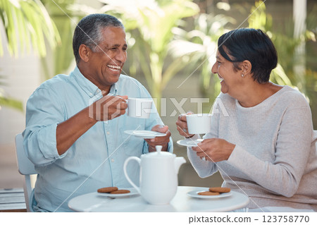 Happy senior couple, laughing and drinking coffee in cheerful fun together at outdoor cafe or restaurant. Elderly man and woman in laugh, tea and conversation bonding in happiness for relationship 123758770
