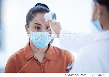 Covid, young woman and thermometer scan device nervous, anxious or scared for test results. Female, girl and lady with mask being check for corona temperature, high fever or illness by medical doctor 123758785