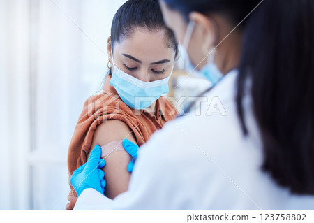 Covid vaccine, doctor and patient with face mask for safety, compliance and healthcare at a hospital or clinic. Woman with medical worker expert in office consultation for corona virus medicine help 123758802