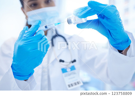 Woman, doctor hands or covid vaccine for injection in global virus security, safety or wellness insurance. Zoom, medical employee or healthcare hospital worker gloves with pharmacy covid 19 medicine 123758809