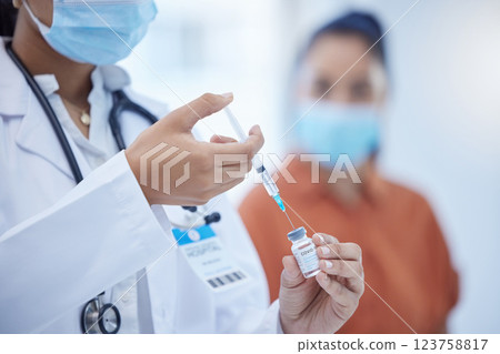 Vaccine, covid and hospital doctor worker with a patient ready for medicine injection help. Medical clinic healthcare woman consultant in a consultation helping with dengue or corona prevention Vaccine, covid and hospital doctor worker with a patient ready for medicine injection help. Medical clinic healthcare woman consultant in a consultation helping with dengue or corona prevention 123758817