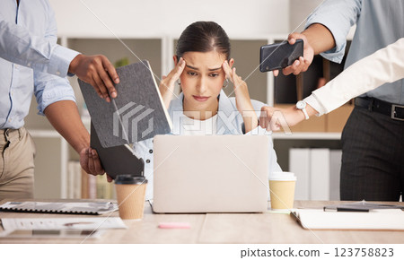 Stress, anxiety and multitasking business woman with headache from workload and laptop deadline in office. Burnout, frustration and overwhelmed lady exhausted, procrastination in toxic workplace Stress, anxiety and multitasking business woman with headache from workload and laptop deadline in office. Burnout, frustration and overwhelmed lady exhausted, procrastination in toxic workplace 123758823