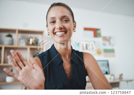 Business woman, greeting or video conference meeting in creative startup collaboration, crm presentation or b2b sales workshop. Portrait, happy smile or waving designer in office interview zoom call 123758847