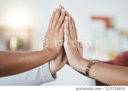 Team hands, success and group high five for support, motivation and winner teamwork. Corporate team building, diversity and hand gesture together to celebrate successful creative startup business. Team hands, success and group high five for support, motivation and winner teamwork. Corporate team building, diversity and hand gesture together to celebrate successful creative startup business. 123758850