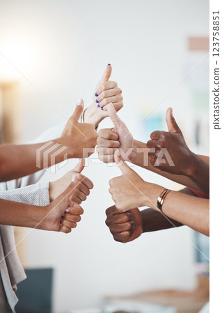 Thumbs up, hand or gesture for success, support or trust. Diverse group or team of business men or women show hands as thank you or approval to idea plan, strategy or yes for goal, target and winner Thumbs up, hand or gesture for success, support or trust. Diverse group or team of business men or women show hands as thank you or approval to idea plan, strategy or yes for goal, target and winner 123758851