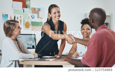 Handshake, business partnership or success deal in office support, trust or crm in b2b creative collaboration meeting. Smile, happy or teamwork people in welcome, thank you or marketing strategy plan 123758869