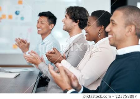 Meeting, success and hand clapping in presentation by business people after motivation and goal speech in office. Applause, sale and diverse team cheering about growth, data and development target Meeting, success and hand clapping in presentation by business people after motivation and goal speech in office. Applause, sale and diverse team cheering about growth, data and development target 123758897