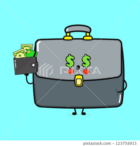 Happy Briefcase Character. Cartoon Office Bag with Dollar Sign Eyes Happy Briefcase Character. Cartoon Office Bag with Dollar Sign Eyes 123758915
