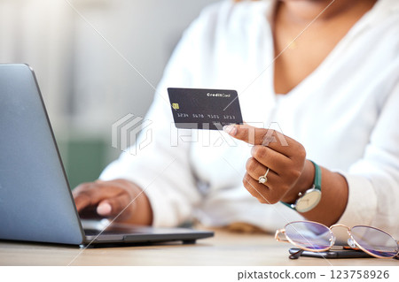 Finance, fintech woman and online shopping with credit card, laptop and internet bank app. Digital, ecommerce and online payment with business woman purchase product on store website. 123758926