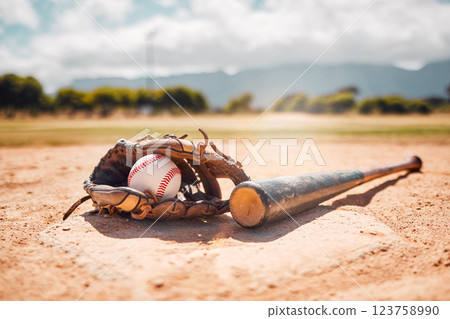 Baseball, sport and empty with a bat, ball and mitt on a base plate on a pitch outdoor after a competitive game. Fitness, sports and still life with exercise equipment on the ground for training 123758990