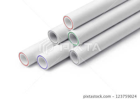 Group of white polypropylene pipes 123759024