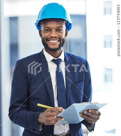Happy architect, black businessman or engineer for construction writing notes, planning or management goal with smile. Contractor portrait, manager or logistics working on project management design Happy architect, black businessman or engineer for construction writing notes, planning or management goal with smile. Contractor portrait, manager or logistics working on project management design 123759063